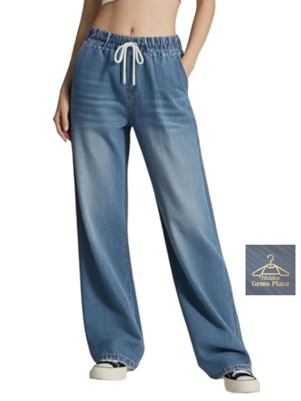 Wide Leg Drawstring Elastic Waist Baggy Jeans Pants